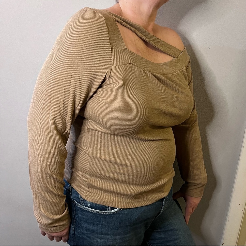 LNA Otis Ribbed Long Sleeve Top in Mushroom Chest Cutout Size 2X Made in USA